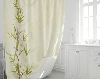Cortina de ducha de bambú verde salvia, decoración de baño zen japandi, estampado botánico minimalista, baño de spa, tela de tamaño personalizado