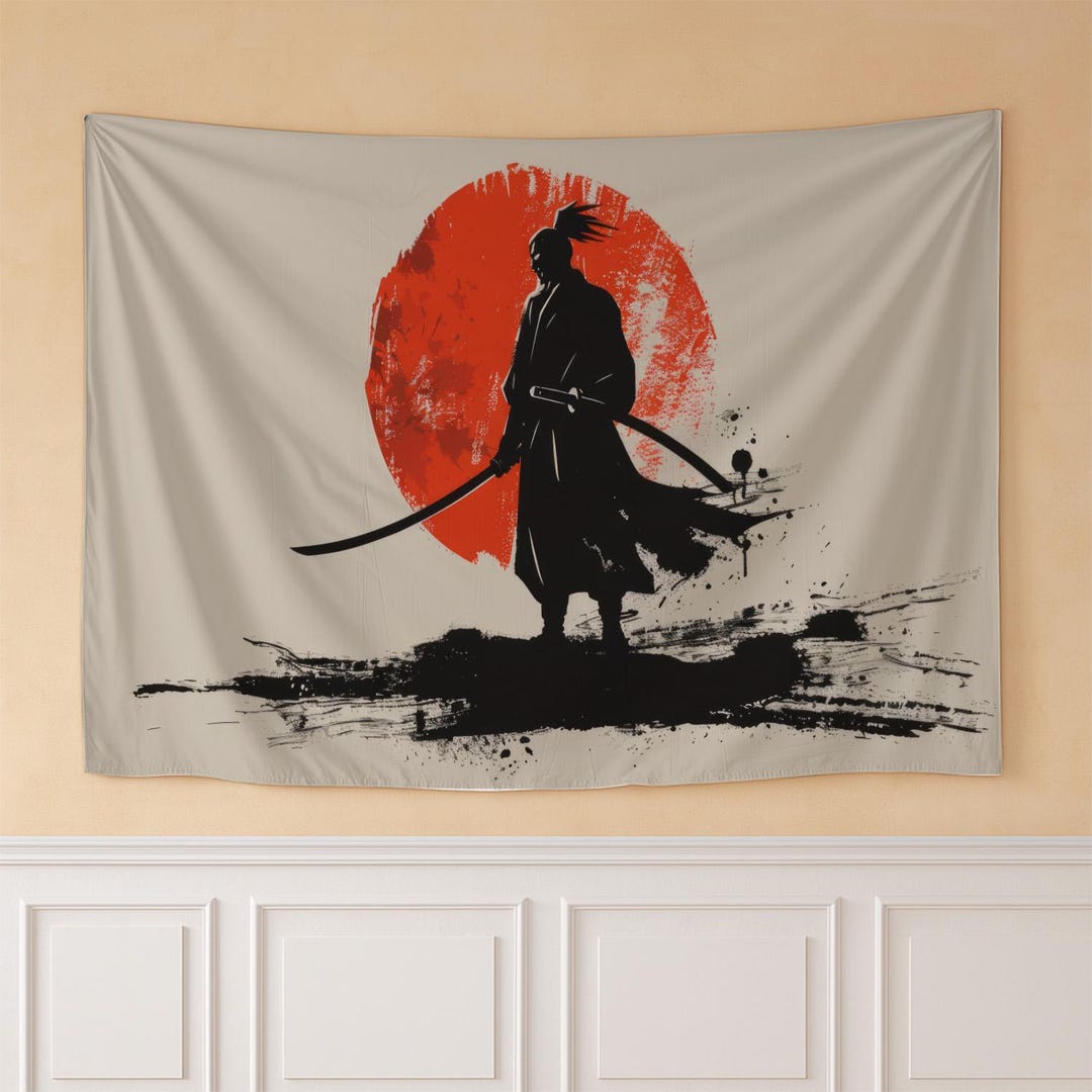 Samurai Wall Tapestry Japanese Warrior Katana Red Sun Art Large Fabric ...