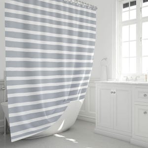 Shower Curtain, Gray White Horizontal Stripes, Hand Drawn Lines, Neutral Coastal Farmhouse Bathroom Decor, Modern Fabric