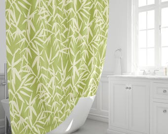 Cortina de ducha de bambú – Decoración de baño Japandi verde, hojas botánicas de spa zen, tela impermeable minimalista, tamaño personalizado