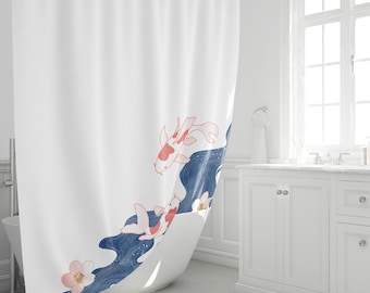 Cortina de ducha con peces koi, estilo japonés minimalista, olas azules con flores de sakura, decoración zen para el baño. Cortina de tela impermeable.