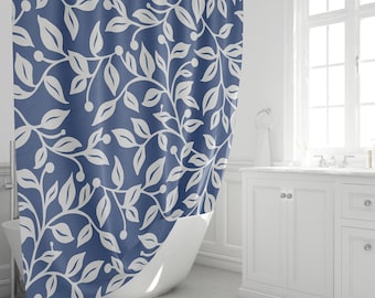 Navy Leaf Shower Curtain Botanical Vine Pattern Waterproof Fabric Bathroom Decor 72x72 and Custom Sizes Machine Washable with Hooks
