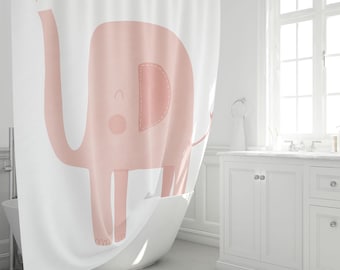 Pink Elephant Shower Curtain, Nursery Kids Bathroom Decor, Cute Animal, Blush White, Baby Girl Bath, Modern Scandi Fabric