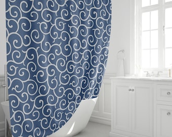 Navy Swirl Shower Curtain Blue White Coastal Nautical Bathroom Decor Waterproof Fabric 72x72 Custom Sizes Machine Washable With Hooks