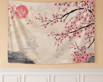 桜のタペストリー、日本の赤い太陽の壁掛け、寝室とリビングルーム用のミニマルな禅ファブリックアート