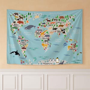 Kids World Map Tapestry Animals of the World Educational Wall Hanging Nursery Playroom Classroom Decor Large Fabric Wall Art