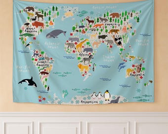 Tapeçaria de mapa-múndi infantil com animais do mundo, decoração de parede educacional para berçário, sala de jogos, sala de aula, arte de parede em tecido grande