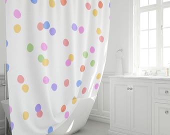 Cortina de ducha con lunares arcoíris y confeti colorido para baño infantil. Tela impermeable, lavable a máquina, con ganchos. Tamaños personalizados: 72x72.