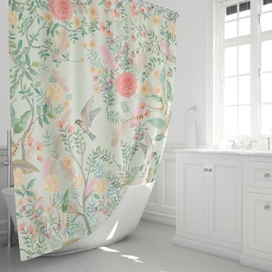 Shower Curtain, Sage Green Chinoiserie Birds & Flowers, Pastel Botanical Garden Print, Cottagecore Vintage Bathroom Decor, Fabric Curtain