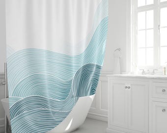 Ocean Wave Shower Curtain Coastal Bathroom Decor Waterproof Fabric 72x72 Custom Sizes Machine Washable Modern Teal Blue Hooks Optional