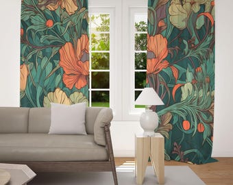 May include: Floral patterned window curtains in shades of teal, orange, and green. The curtains feature a repeating design of stylized flowers and foliage. The curtains are hanging in front of a window, with a sofa and lamp visible.