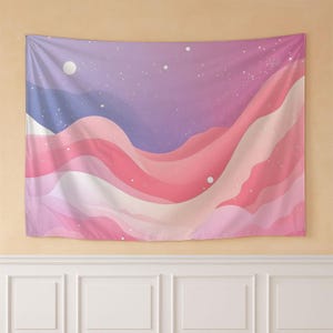 Pastel Galaxy Tapestry, Pink Purple Wavy Landscape, Celestial Moon Stars Wall Hanging, Boho Dorm Bedroom Large Fabric Art