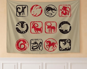 Chinese Zodiac Tapestry 12 Animal Stamp Wall Hanging Feng Shui Astrology Art Large Fabric Wall Decor Bedroom Living Room Dorm Gift