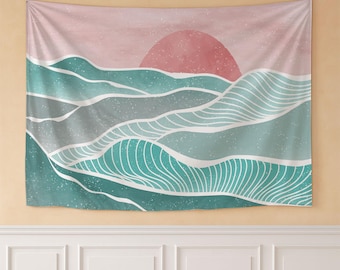 Teal Pink Sunset Waves Tapestry, Abstract Ocean Landscape, Boho Coastal Wall Hanging, Modern Dorm Bedroom Large Fabric Art