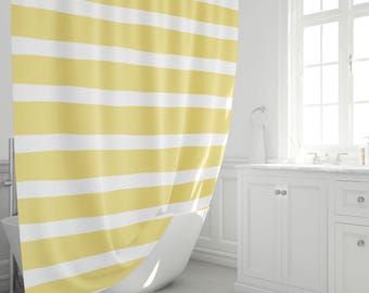 Yellow Striped Shower Curtain, White Horizontal Lines, Sunny Coastal Bathroom Decor, Modern Farmhouse Fabric