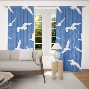 Blue Seagull Curtains Custom Size Coastal Window Drapes Beach House Living Room Bedroom Decor