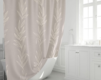 Cortina de ducha, diseño botánico beige topo, tela neutra, decoración minimalista moderna para baño, estilo bohemio escandinavo.