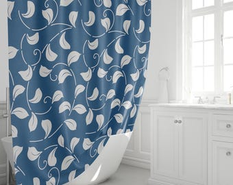Navy blue botanical leaf shower curtain waterproof fabric machine washable with hooks 72x72 plus custom sizes modern bathroom decor