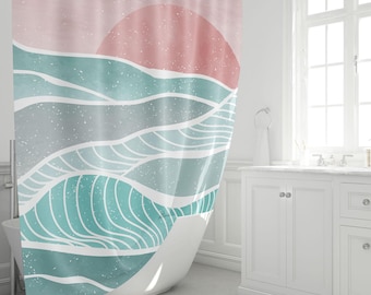 Teal Pink Sunset Waves Shower Curtain, Abstract Ocean Landscape, Coastal Aesthetic Bathroom Decor, Modern Fabric, Custom Size