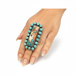 Patricia Yazzie - Statement Crawler Cabochon Ring - Sterling zilver & echte turkoois - Handgemaakt door Native American
