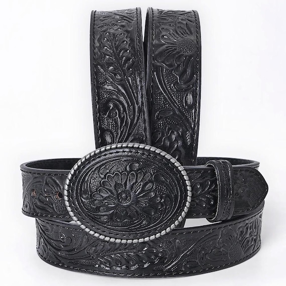 Hand-Tooled Black Floral Western Leather Belt with Oval Buckle