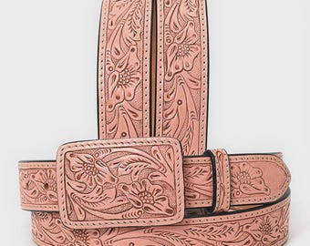 Hand-punzierter Western Ledergürtel mit Pink Floralem Muster und Eckiger Schnalle