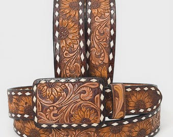 Hand-punzierter Leder Gürtel mit Sonnenblumen Muster