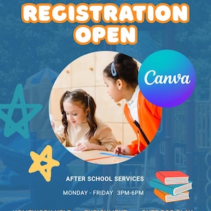 Puede incluir: Un cartel azul con el texto "2025 INSCRIPCIÓN ABIERTA" en naranja. Se muestran dos niños en un círculo. El cartel promociona servicios extraescolares, incluyendo ayuda con las tareas, enriquecimiento y juegos al aire libre.