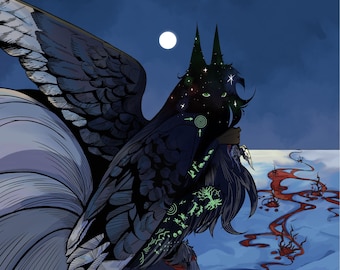 May include: A digital illustration featuring the text Art Commissions at the top. A dark, winged creature with glowing green eyes and star-like patterns on its head stands against a night sky with a moon. It has glowing green symbols on its body.