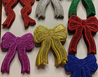Iron on Bows | Embroidery  Patches for Crafts | Big Bows | Christmas Bow | Iron on Patches | Glitter Bows | Red, Blue, Purple, Green, Gold