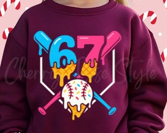 67 Six Seven Ice Cream Baseball Drip Youth Crewneck Sweatshirt | Dripping Neon Dessert Graphic Boys and Girls