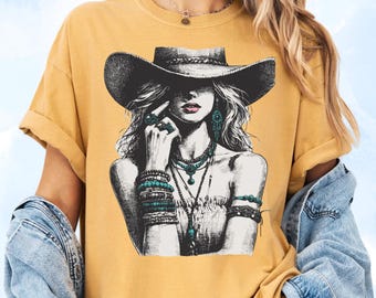 Cowgirl Graphic Tee, Western Boho, Turquoise Cowgirl Comfort Color Tee