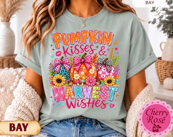 Pumpkin Kisses Harvest Wishes Shirt, Colorful Fall Comfort Colors Tee, Cute Pumpkin Shirt, Thanksgiving Graphic Tee, Fall Shirt for Women