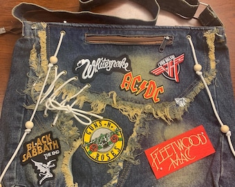 Vintage Rock & Roll Denim Crossbody Bag | 80’s Music | Popular Rock Bands | Upcycled Distressed Jean Purse | Rock Band Patches | Festival