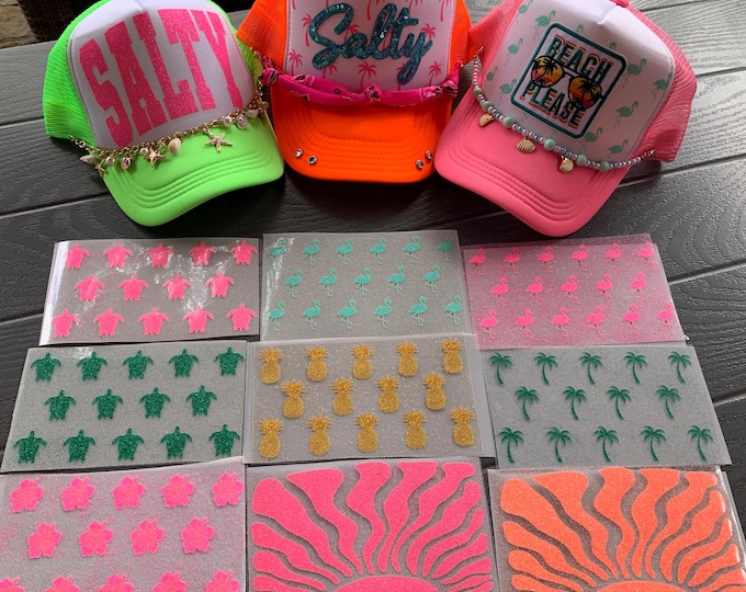Dtf Caps Glitter DTF Hat Transfer, Summer Beach Cap Designs, Turtles, Flamingos ...