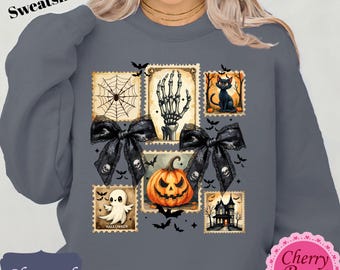 Coquette Halloween Sweatshirt | Halloween Crewneck | Vintage Halloween Stamp | Cute Spooky Season | Girly Halloween Pullover Color , TShirt