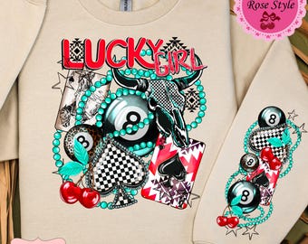 Lucky Girl Turquoise Western Sweatshirt T-Shirt, Eight Ball Checkered Spade, Cherries