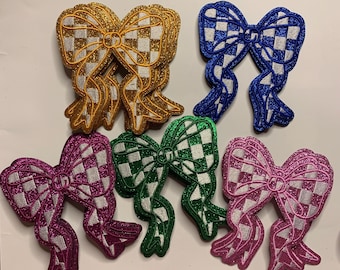 Iron on Bows | Checkered Embroidery  Patches for Crafts | Big Bows | Iron on Patches | Glitter Bows |Shimmery Bows