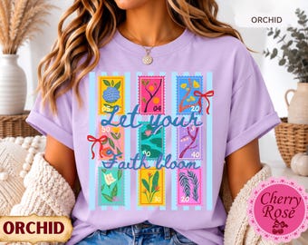 Let Your Faith Bloom, Colorful Postage Stamp Shirt, Inspirational Christian Graphic Tee, Faith Shirt for Women, Floral Comfort Colors Tee