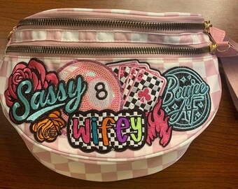 Sassy Wifey Crossbody bag |  Pink Patch Purse | Checkered Bum Bag | Belt Bag Western Glam | Eight Ball | Girly Bag