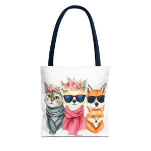 Whimsical Pet Lovers Tote Bag, Floral Cat and Fox Tote, Cute Animal Accessories, Gift for Pet Owners, Eco-Friendly Shopping Bag