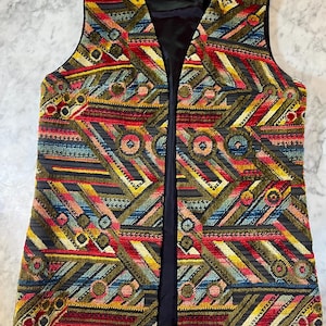 Vintage Tapestry Vest Geometric Jewel Tone Boho Waistcoat Unisex Lined