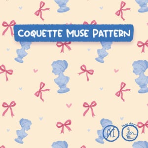 Wzór „Coquette Muse”, kokarda Wenus, klasyczne popiersia, różowe wstążki (do pobrania w wersji cyfrowej)