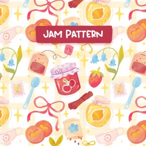May include: A watercolour pattern with jam jars, strawberries, teabags, biscuits, and teacups. The design includes bows, spoons, and cinnamon sticks, with the text "JAM PATTERN" on a red banner. The background is a light yellow plaid.