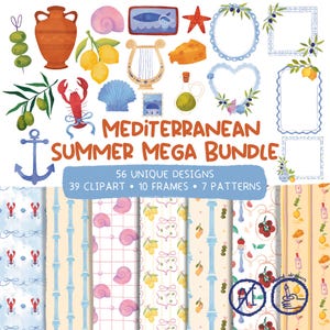 以下が含まれることがあります： Mediterranean Summer Mega Bundleというタイトルのデジタルグラフィックコレクション。オリーブ、テラコッタの花瓶、レモン、竪琴、ロブスター、貝殻などの39個のクリップアート要素、10個のフレーム、7個のパターン背景を含む56種類のユニークなデザインが収録されています。