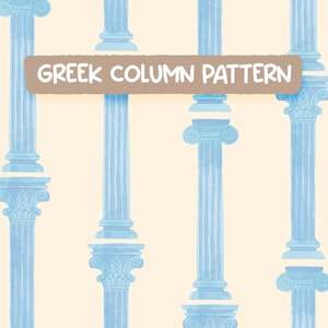 May include: A repeating pattern of light blue Greek columns on a cream background. The columns have detailed capitals and bases. A tan banner across the image reads "GREEK COLUMN PATTERN".