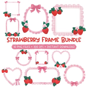 Bundle de cliparts cadre fraise, ensemble de cadres numériques cottagecore noeud rose, cadres photo de scrapbooking baies, dessiné à la main pour un usage Commercial