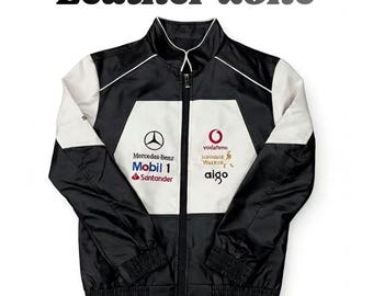 Vintage Mercedes Racing Embroidered PU Leather Jacket, Y2K Motorsport Bomber, Unisex Streetwear Racing Coat