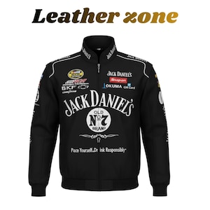 May include: Black racing jacket with white accents and the text "Leather zone" at the top. The jacket features the "Jack Daniel's" logo and other sponsor logos. The text "Pace Yourself. Drink Responsibly" is at the bottom.