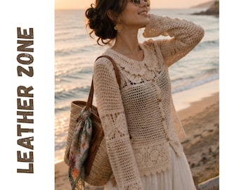 Women’s Cotton Crochet Cardigan, Button Up Open Knit Sweater, Vintage Lightweight Floral Boho Top